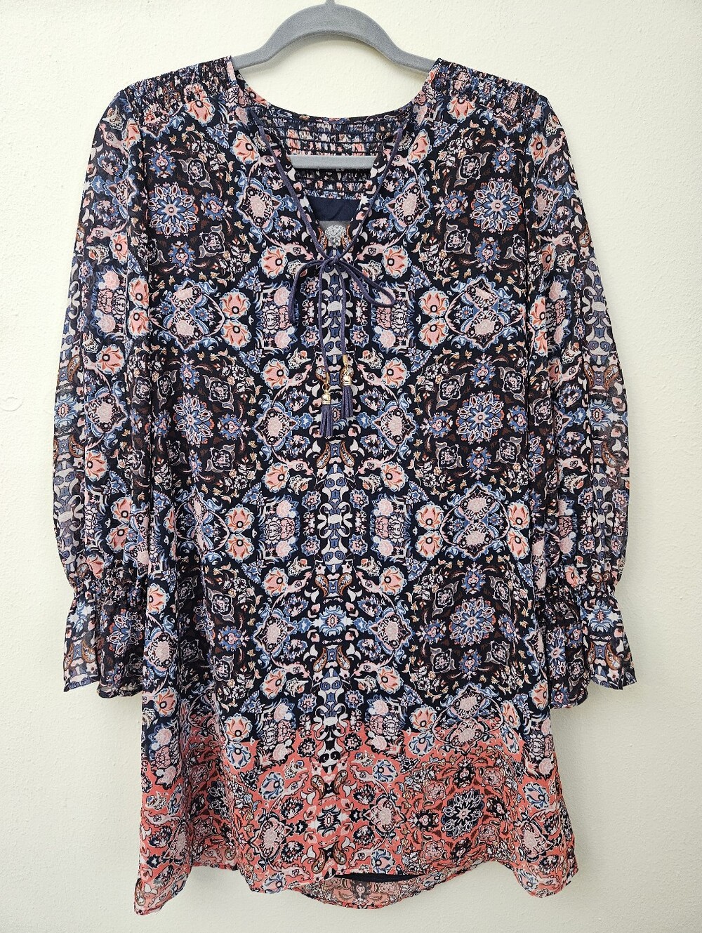 Patterned Tie-Neck Women’s Tunic Dress in Navy and Coral Size 2